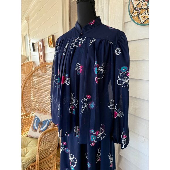 Vintage 70's MOD 2 Piece Dress Jacket Blue Pink Floral Size M Poly Knit - Picture 13 of 16